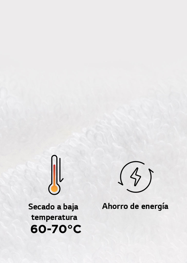 Primer plano de una toalla seca con las características clave de la lavasecadora LG SIGNATURE descritas.